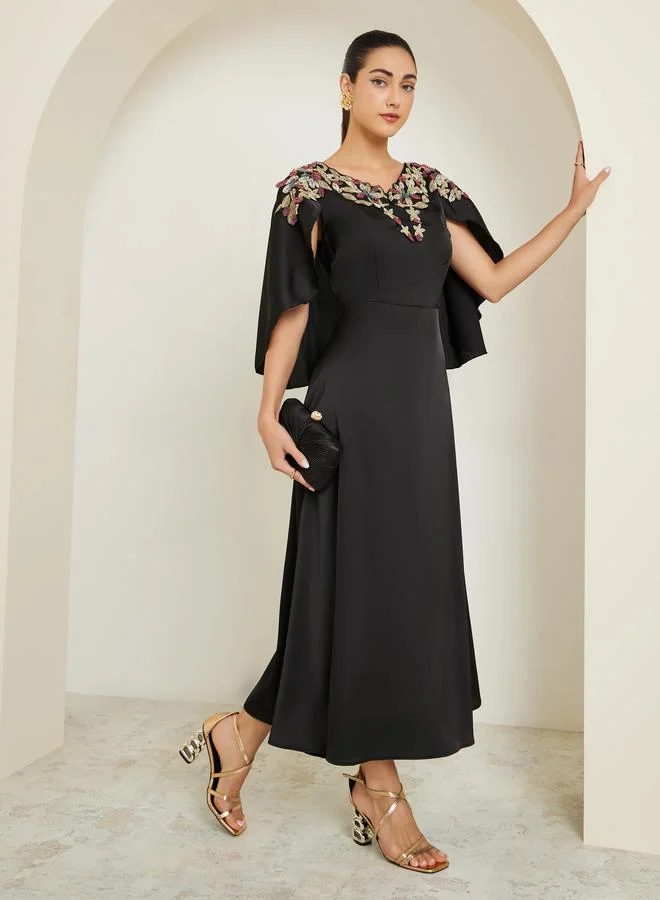 Styli  Black Embellished Cape Sleeve Sheath Maxi Dress for Women | Best Price UAE